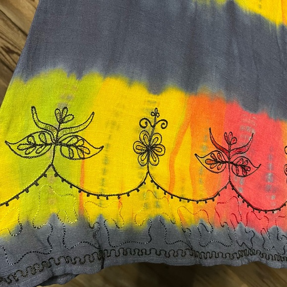 India Boutique Colorful Tie Dye Embroidered 70s Hippie Flowy Tent Dress Free Sz - Picture 6 of 11